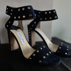 Jimmy Choo Veto 100 Navy Suede Sandals with Gold Studs, Size 38.5